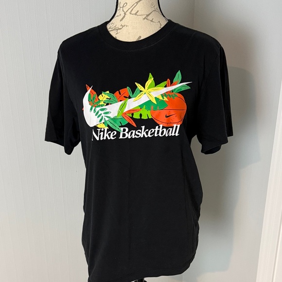 Nike Black Graphic Basketball Tee size Small Unisex Vintage Dri-Fit Floral - Picture 2 of 7